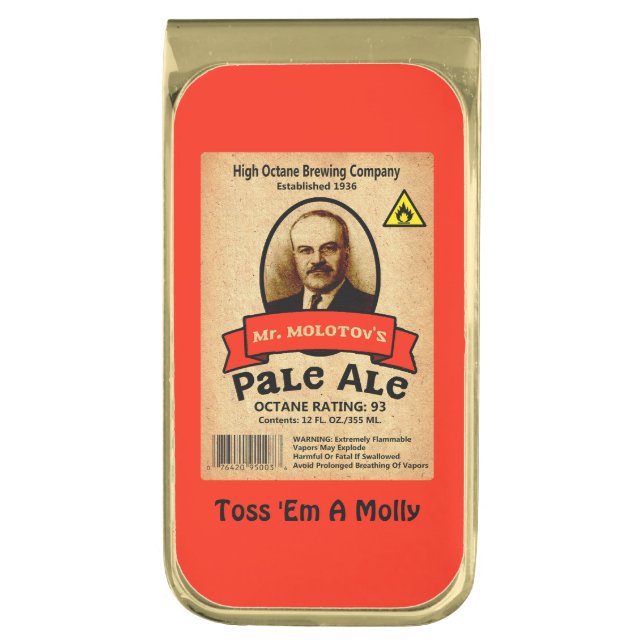 Mr. Molotov's Pale Ale Label Gold Finish Money Clip (Front Vertical)