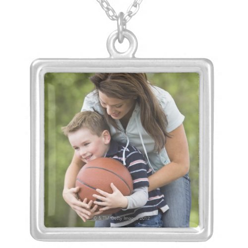 MR mother age 26 playing basketball with son Silver Plated Necklace