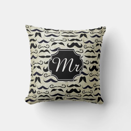 Mr Moustache Hipster Pattern Throw Pillow