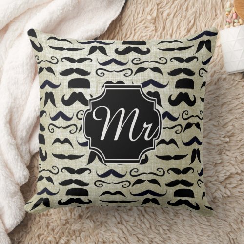 Mr Moustache Hipster Pattern Throw Pillow