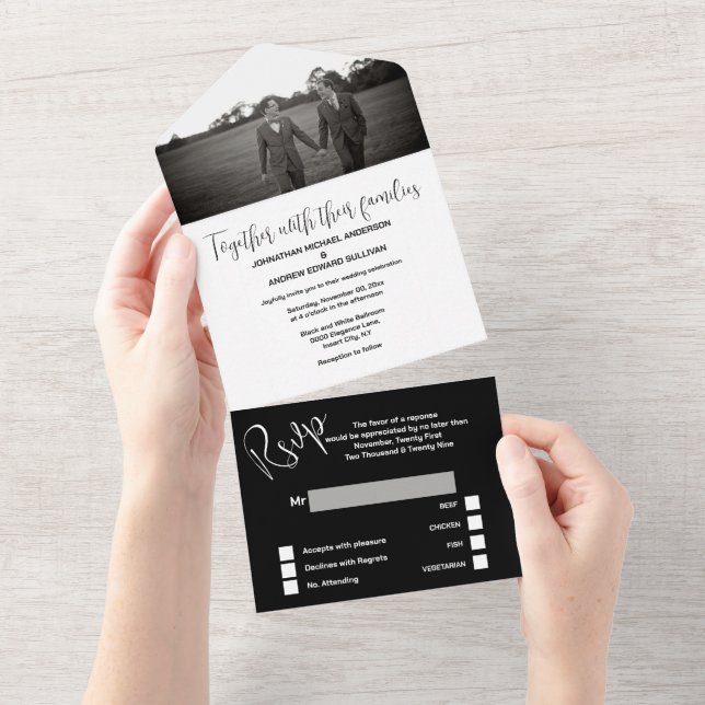 Mr & Mr black white simple elegant PHOTO wedding All In One Invitation (Tearaway)