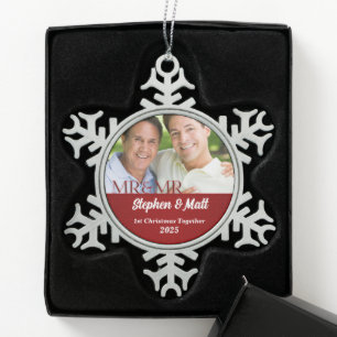 Mr & Mr Gay Couple 1st Christmas Red Photo Snowflake Pewter Christmas Ornament