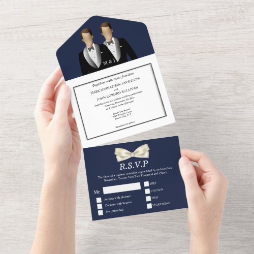 Mr  Mr Gay couple male wedding photo blue All In One Invitation