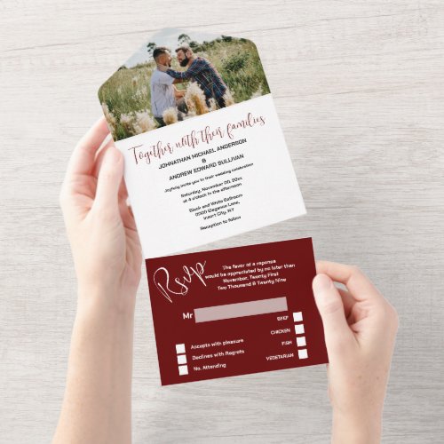 Mr  Mr maroon white simple elegant PHOTO wedding All In One Invitation