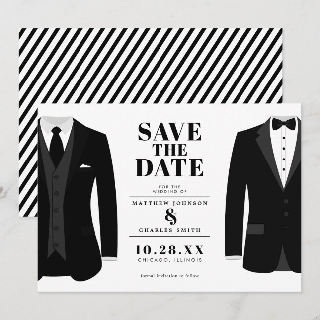 Mr. & Mr. Modern Black Wedding Tux - Save the Date (Front/Back)