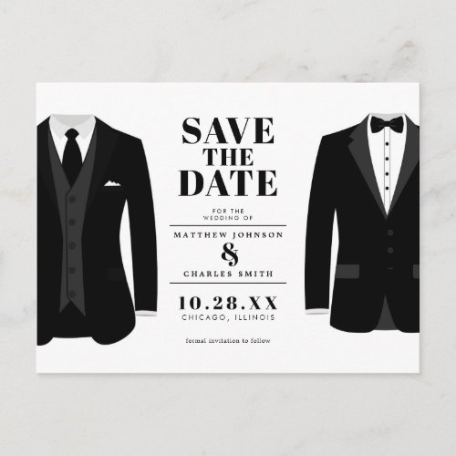 Mr  Mr Modern Black Wedding Tux _ Save the Date Postcard