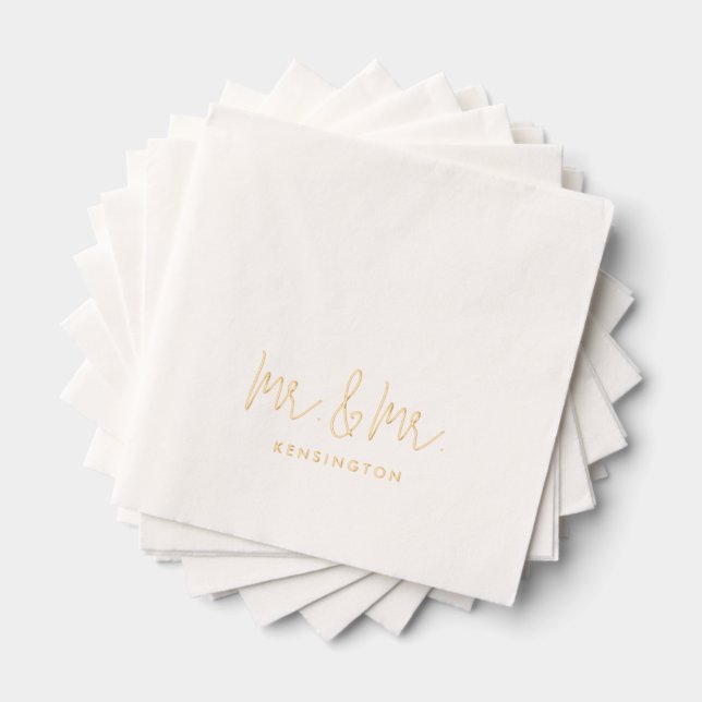 Mr & Mr Modern Script Custom Name Wedding Gold Foil Napkins (Insitu (Stacked))