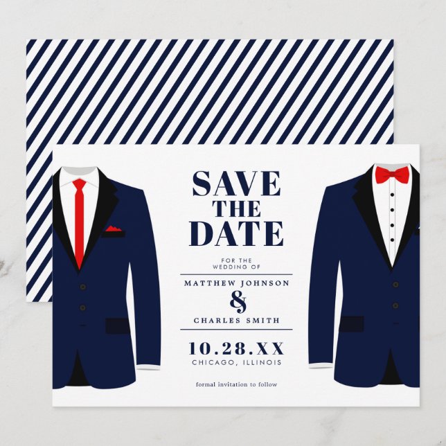Mr. & Mr. Modern Wedding Navy Tux - Save the Date (Front/Back)