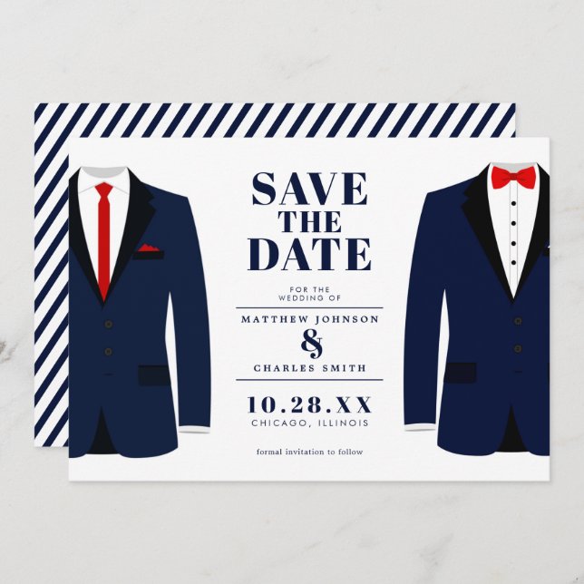 Mr. & Mr. Modern Wedding Navy Tux - Save the Date (Front/Back)