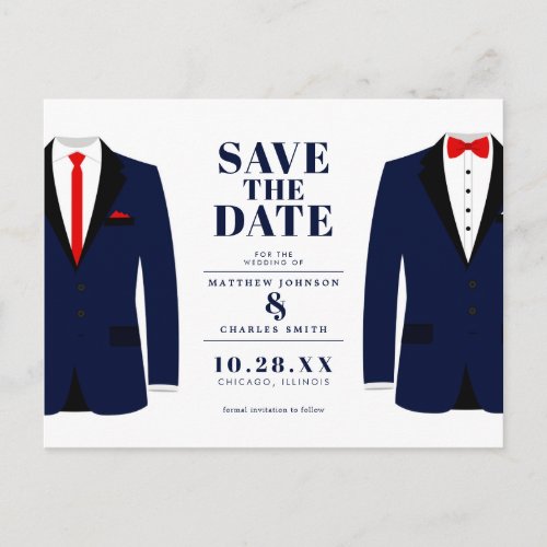 Mr  Mr Modern Wedding Navy Tux _ Save the Date Postcard