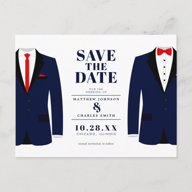 Mr. & Mr. Modern Wedding Navy Tux - Save the Date Postcard (Front)