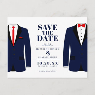 Mr. & Mr. Modern Wedding Navy Tux - Save the Date Postcard