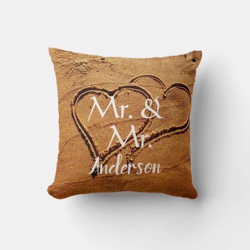 Mr  Mr name two hearts in sand gay wedding Throw Pillow