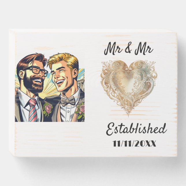 Mr & Mr Newlyweds Gay Grooms Personalized Wooden Box Sign (Front Horizontal)