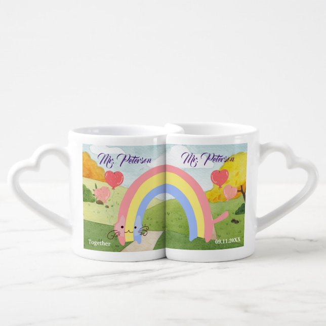 Mr & Mr Wedding Rainbow Cat Drawing Coffee Mug Set (Front Nesting)