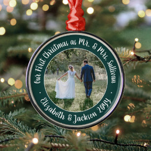 Mr & Mrs 1st Christmas Photo Script Green & White Metal Ornament