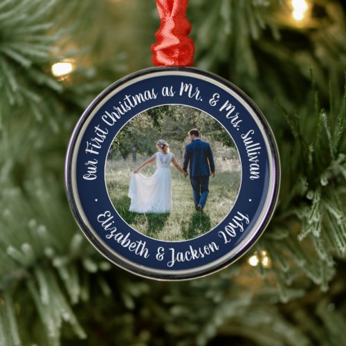 Mr  Mrs 1st Christmas Photo Script Navy and White Metal Ornament