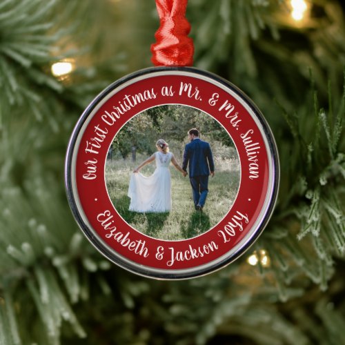 Mr  Mrs 1st Christmas Photo Script Red and White Metal Ornament