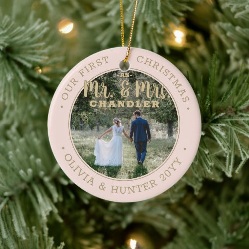 Mr  Mrs 2 Photo Newlyweds 1st Xmas Blush and Gold Ceramic Ornament