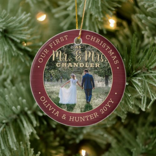 Mr  Mrs 2 Photo Newlyweds 1st Xmas Burgundy Gold Ceramic Ornament