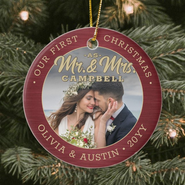 Mr & Mrs 2 Photo Newlyweds 1st Xmas Burgundy Gold Ceramic Ornament (Creator Uploaded)