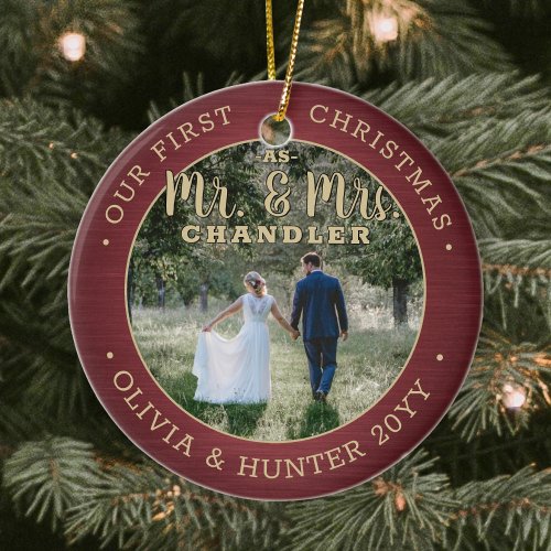 Mr  Mrs 2 Photo Newlyweds 1st Xmas Burgundy Gold Ceramic Ornament