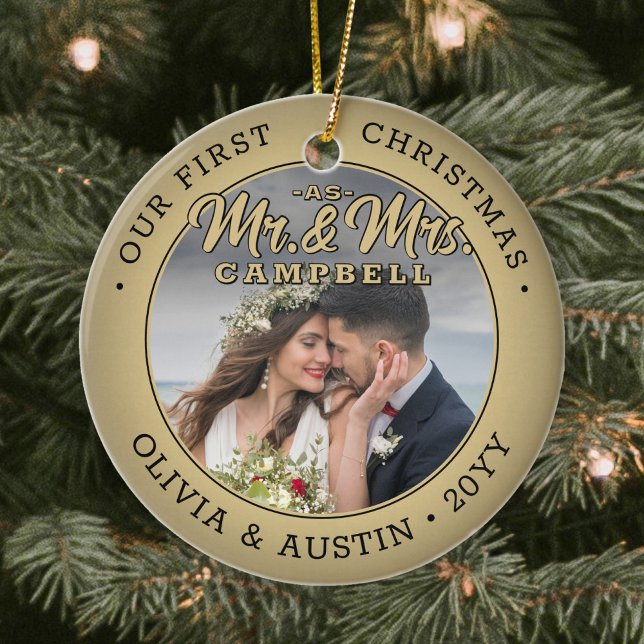 Mr & Mrs 2 Photo Newlyweds 1st Xmas Faux Gold Ceramic Ornament (Creator Uploaded)