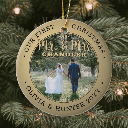 Mr  Mrs 2 Photo Newlyweds 1st Xmas Faux Gold Ceramic Ornament