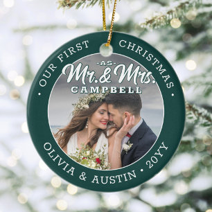 Mr & Mrs 2 Photo Newlyweds 1st Xmas Green & White Ceramic Ornament