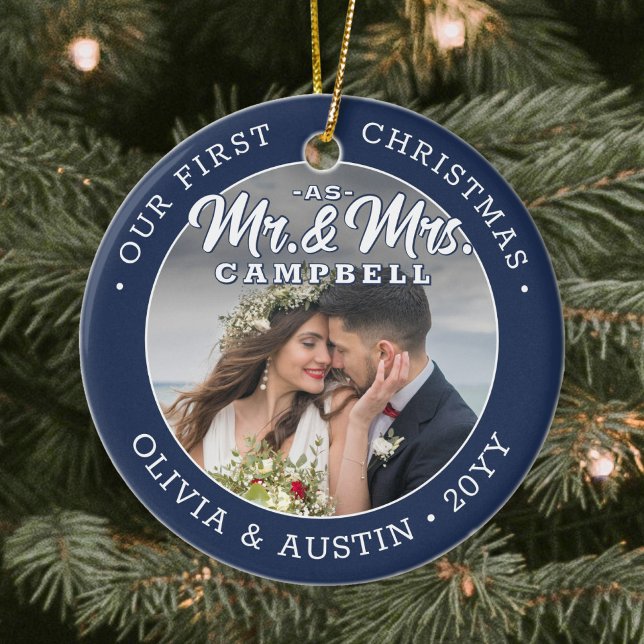Mr & Mrs 2 Photo Newlyweds 1st Xmas Navy and White Ceramic Ornament (Creator Uploaded)