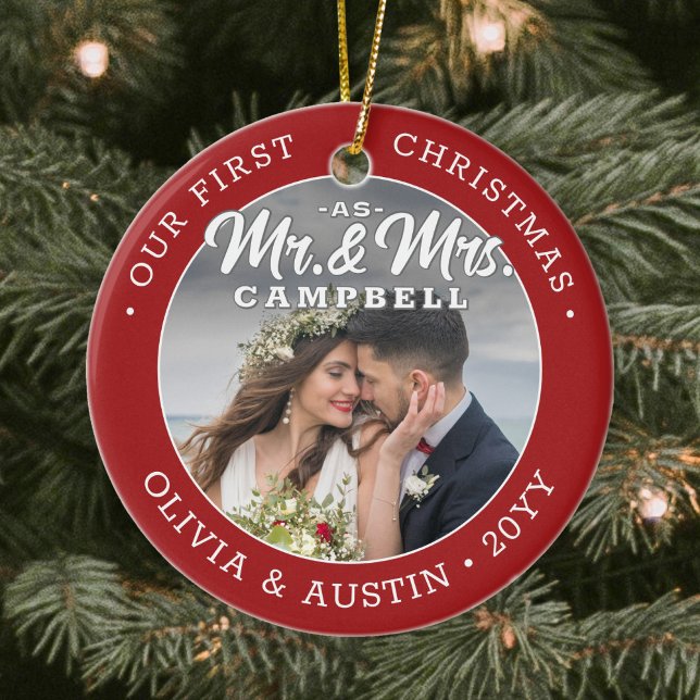Mr & Mrs 2 Photo Newlyweds 1st Xmas Red and White Ceramic Ornament (Creator Uploaded)