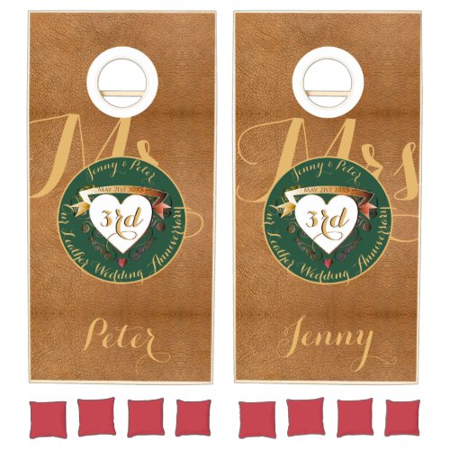 MrMrs3rd Wedding Anniversary Leather Image  Cornhole Set