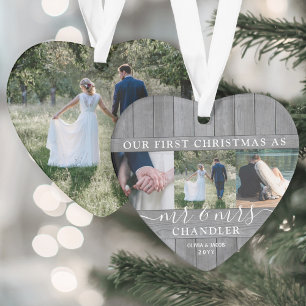 Mr & Mrs 4 Photo First Christmas Gray Faux Wood Ornament