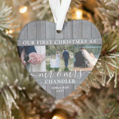 Mr  Mrs 4 Photo First Christmas Gray Faux Wood Ornament