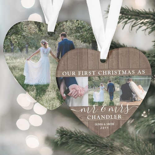 Mr  Mrs 4 Photo First Christmas Rustic Faux Wood Ornament