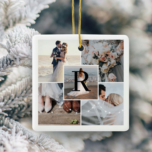 Mr. Mrs. 5 Photo Collage First Christmas Monogram  Ceramic Ornament