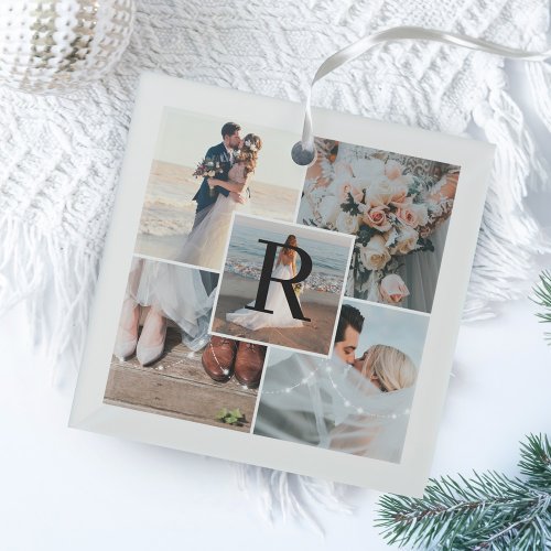 Mr Mrs 5 Photo Collage First Christmas Monogram  Glass Ornament