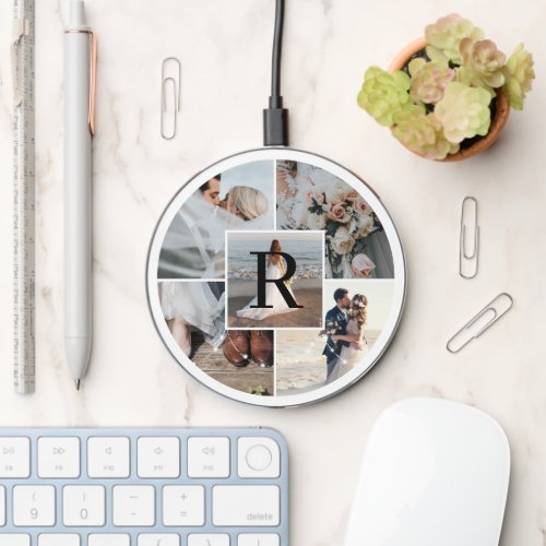 Mr Mrs 5 Photo Collage First Christmas Monogram Wireless Charger