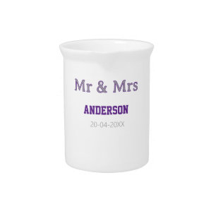 Mr & Mrs add family name date simple stylish moder Beverage Pitcher