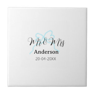 Mr & Mrs add family name date year wedding bow Ceramic Tile