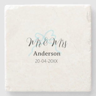 Mr & Mrs add family name date year wedding bow Stone Coaster