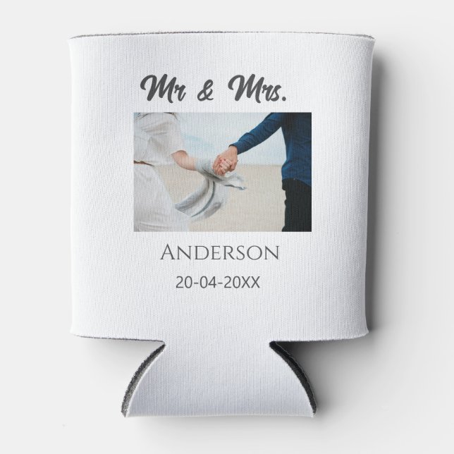 Mr & Mrs add family name date year wedding favor g Can Cooler (Front)