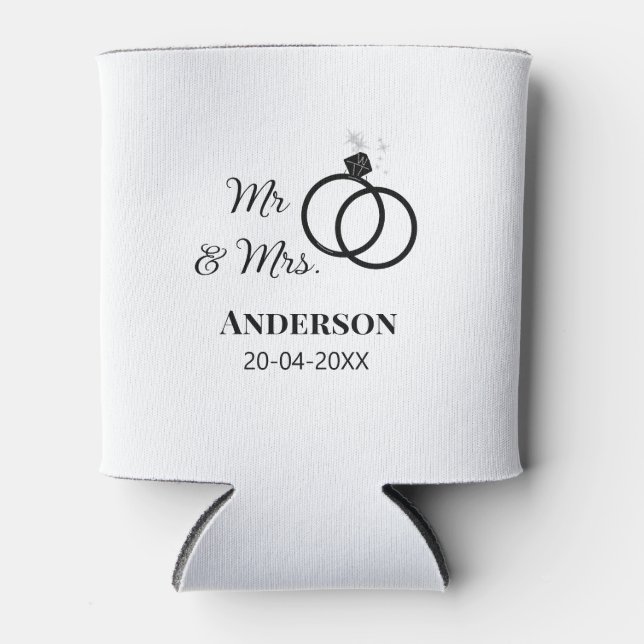 Mr & Mrs add family name date year wedding favor g Can Cooler (Front)