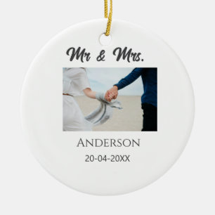 Mr & Mrs add family name date year wedding favor g Ceramic Ornament