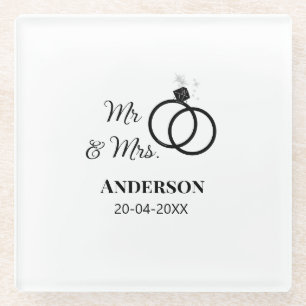Mr & Mrs add family name date year wedding favor g Glass Coaster