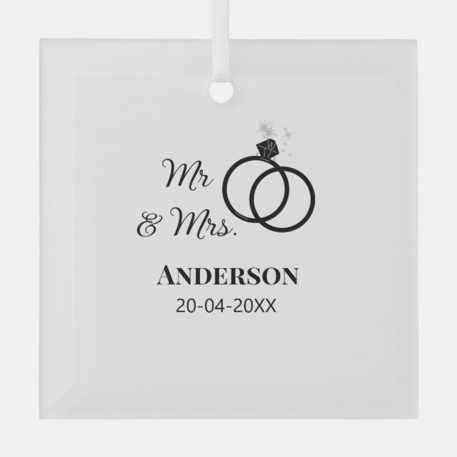 Mr & Mrs add family name date year wedding favor g Glass Ornament (Front)
