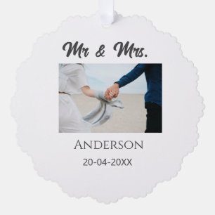 Mr & Mrs add family name date year wedding favor g Ornament Card