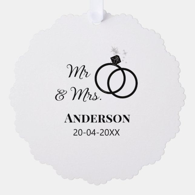 Mr & Mrs add family name date year wedding favor g Ornament Card (Front)