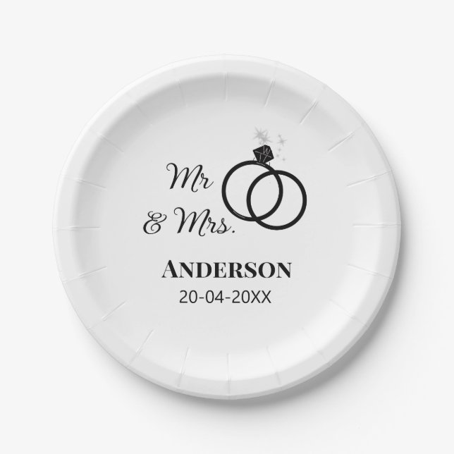 Mr & Mrs add family name date year wedding favor g Paper Plates (Front)