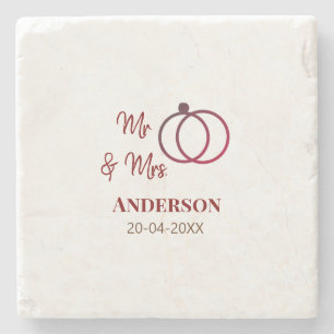 Mr & Mrs add family name date year wedding favor g Stone Coaster